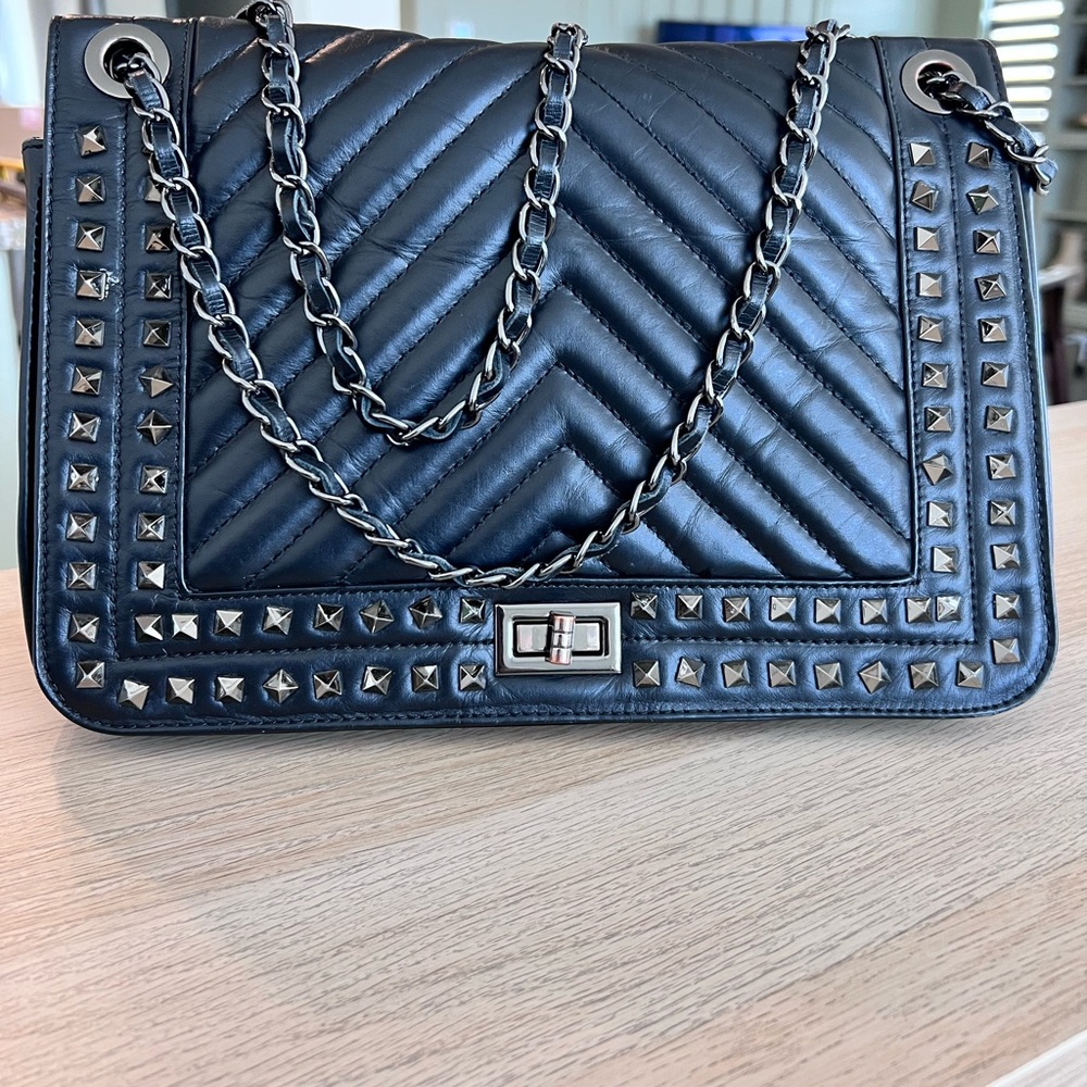 Chiara Ferretti Black  Studded  Quilted Leather /Chain Strap Women Bag VGUC